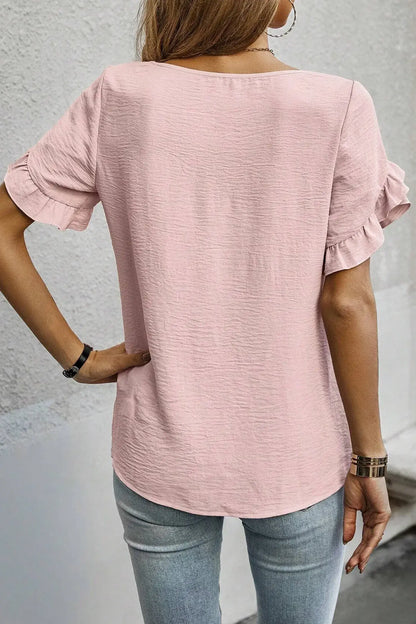 Sea Green Solid Color Ruffle Trim Short Sleeve Blouse - Sweet Fashion Wholesale