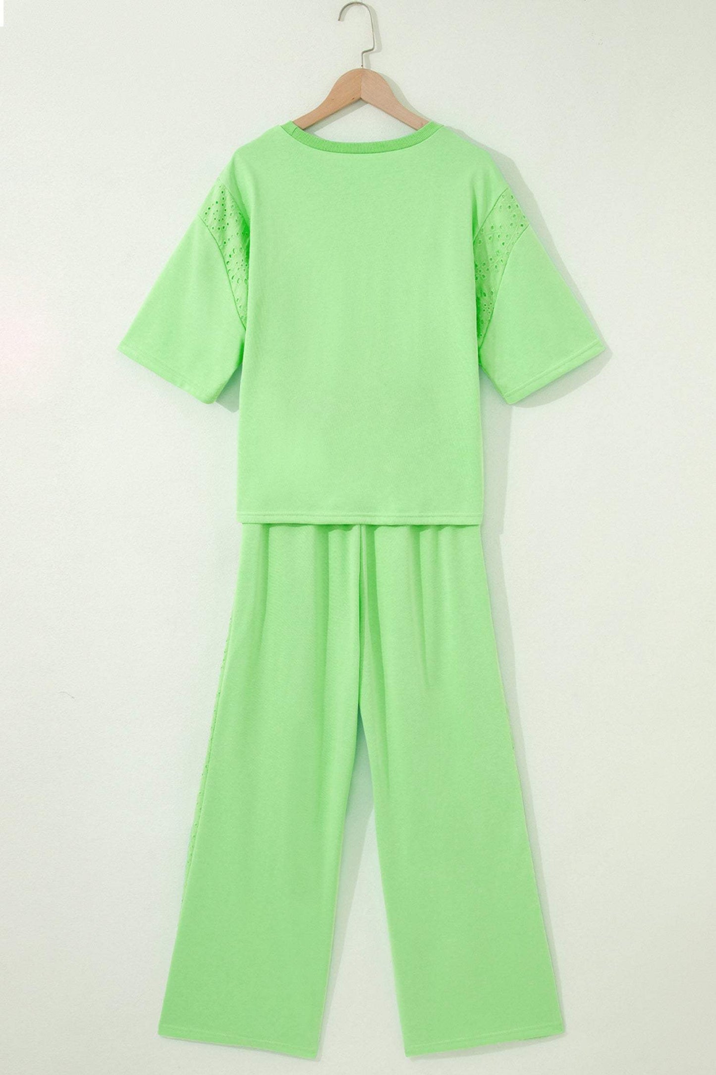 Light Green Lace Patchwork Half Sleeve Top Elastic Waist Pants Two Piece Set