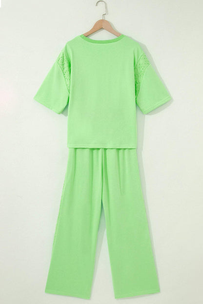 Light Green Lace Patchwork Half Sleeve Top Elastic Waist Pants Two Piece Set