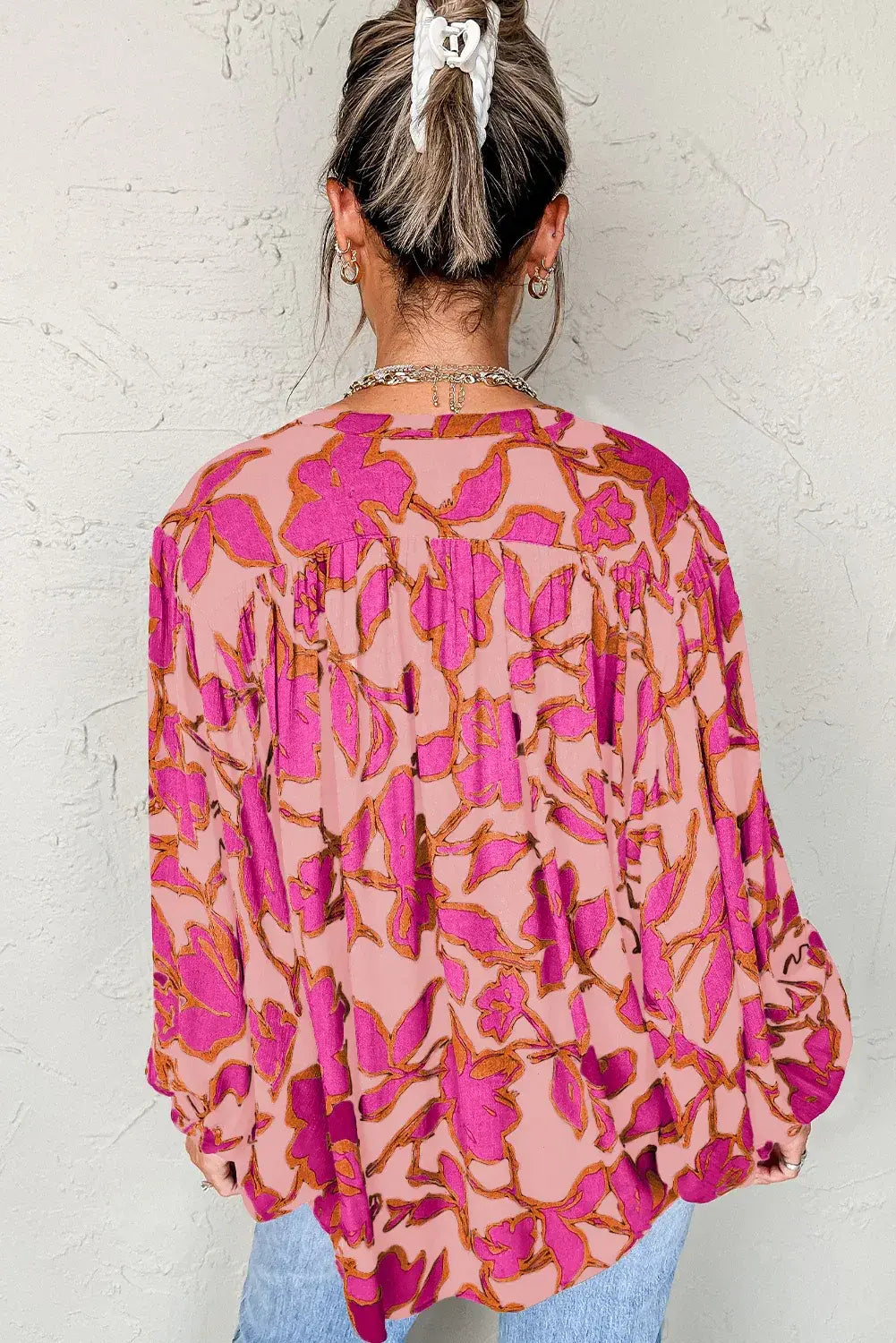Gray Morn Floral Print Batwing Sleeve Buttoned Loose Fit Shirt - Sweet Fashion Wholesale
