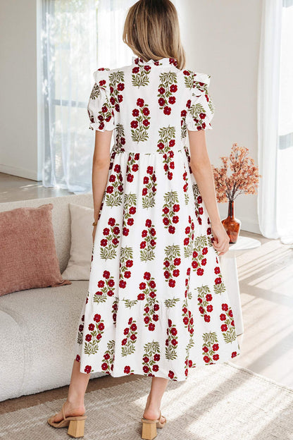 Black Floral Short Bubble Sleeve Tiered Maxi Dress