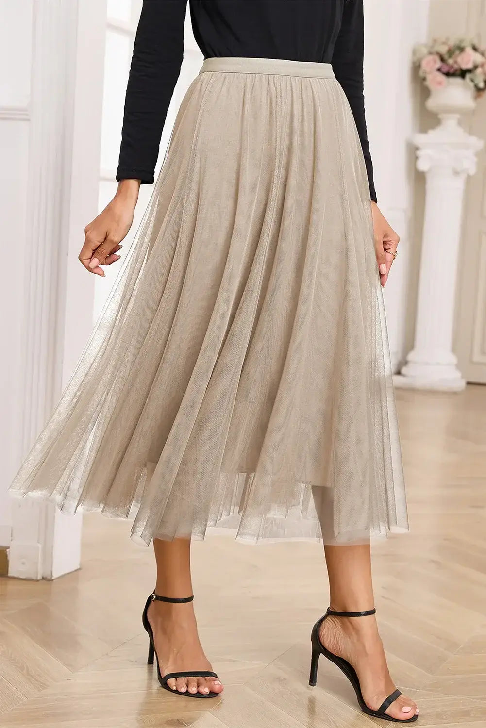 Apricot Tulle Mesh Overlay Flared Midi Skirt - Sweet Fashion Wholesale