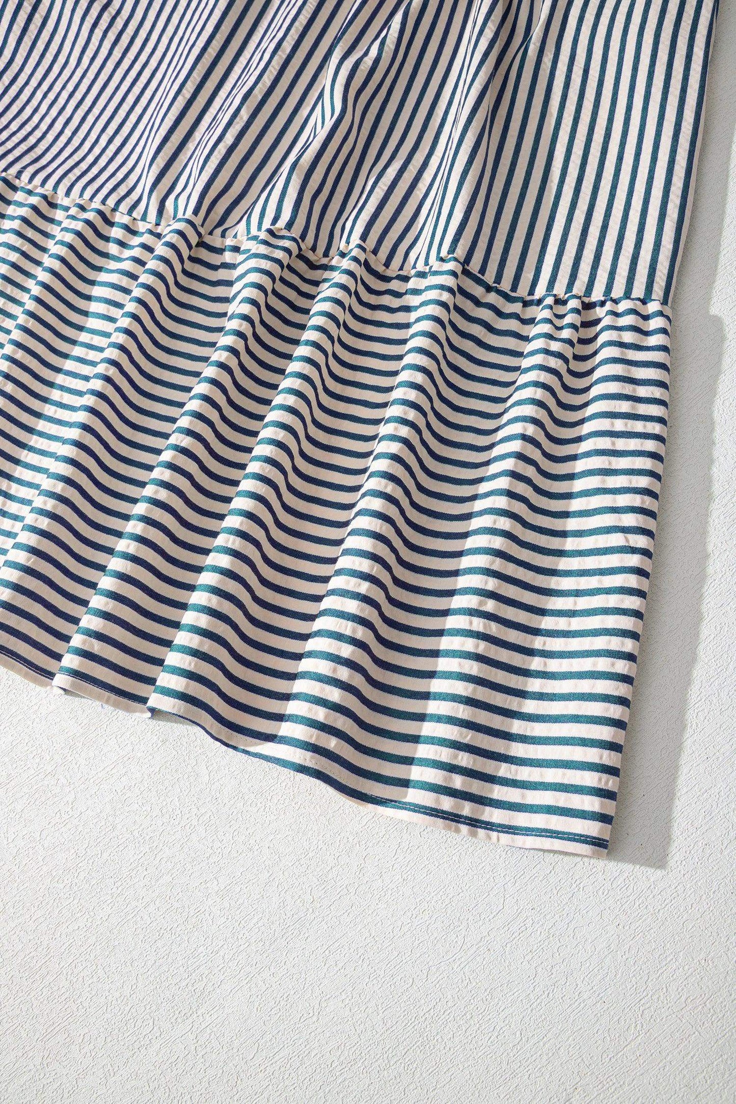Green Stripe Double Ruffled Short Sleeve Contrast Trim V Neck Midi Dress - Sweet Fashion Wholesale