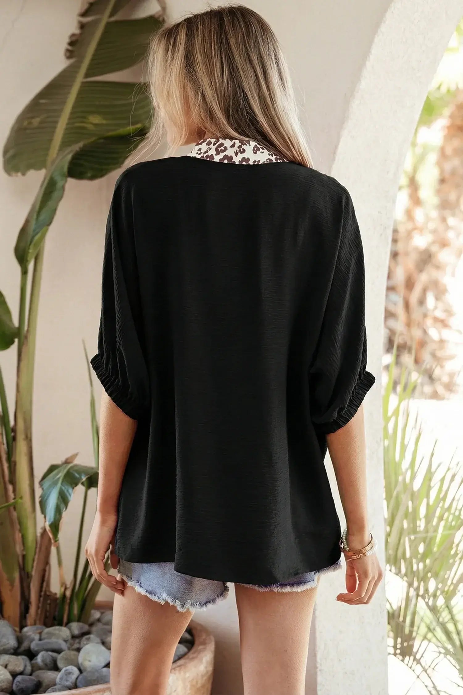 Black Dolman Half Sleeve Leopard Patchwork Trim V Neck Blouse - Sweet Fashion Wholesale