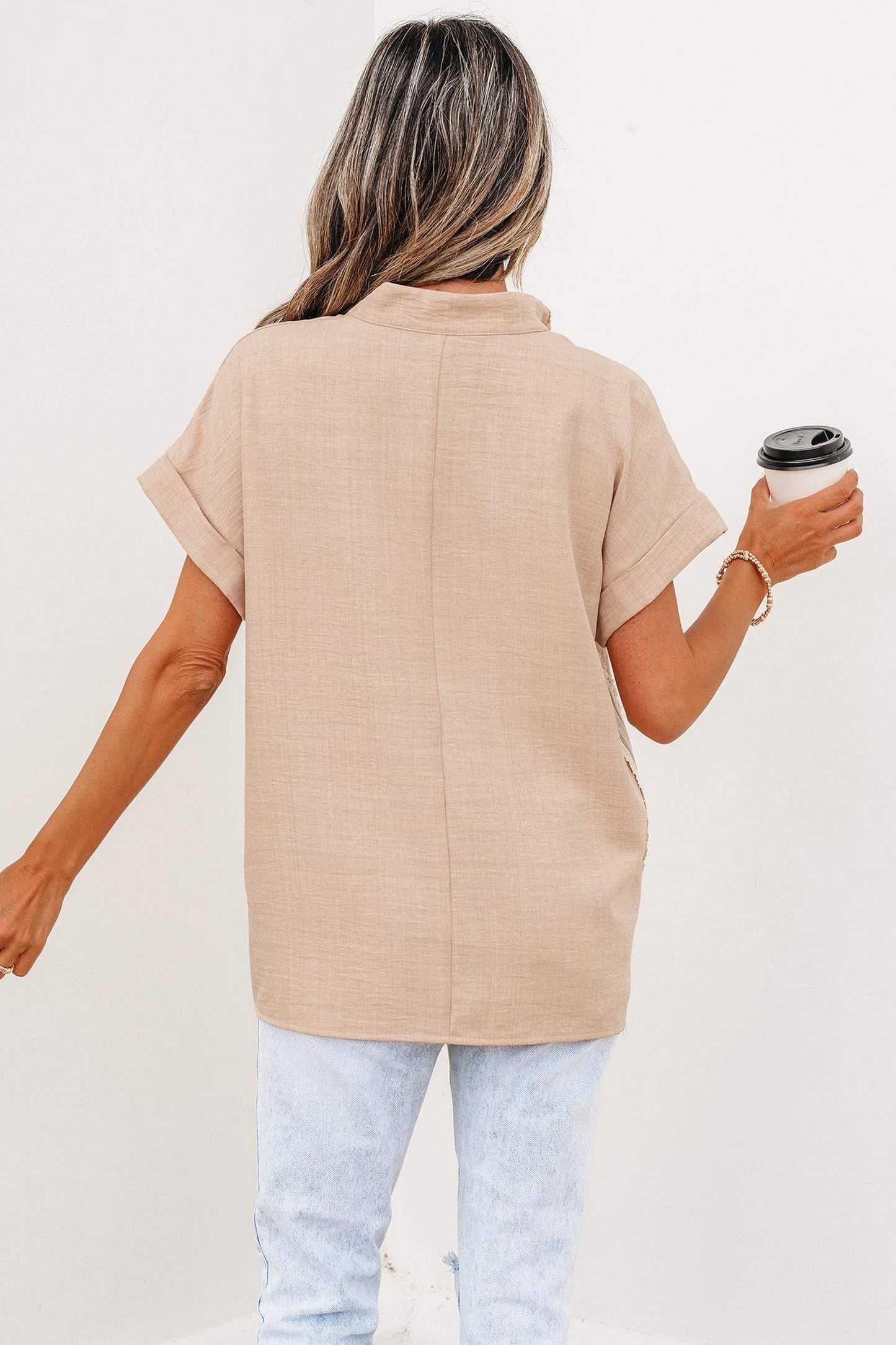 Parchment Crochet Lace Accent Pullover Rolled Short Sleeve Blouse
