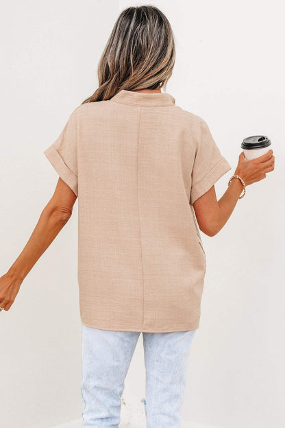 Parchment Crochet Lace Accent Pullover Rolled Short Sleeve Blouse
