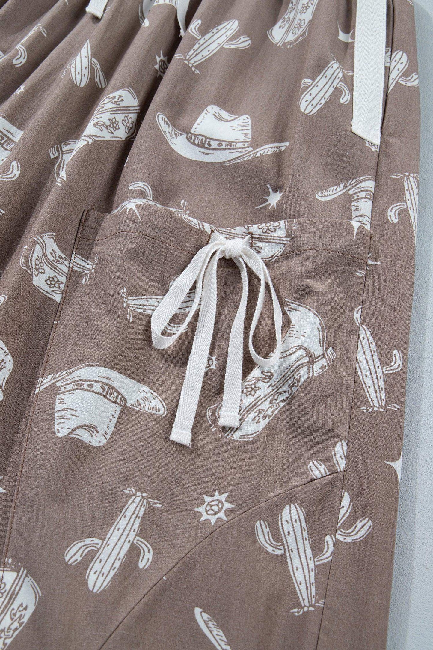Khaki Western Cactus Cowgirl Hat Boot Printed Vintage Drawstring Jogger Pants - Sweet Fashion Wholesale