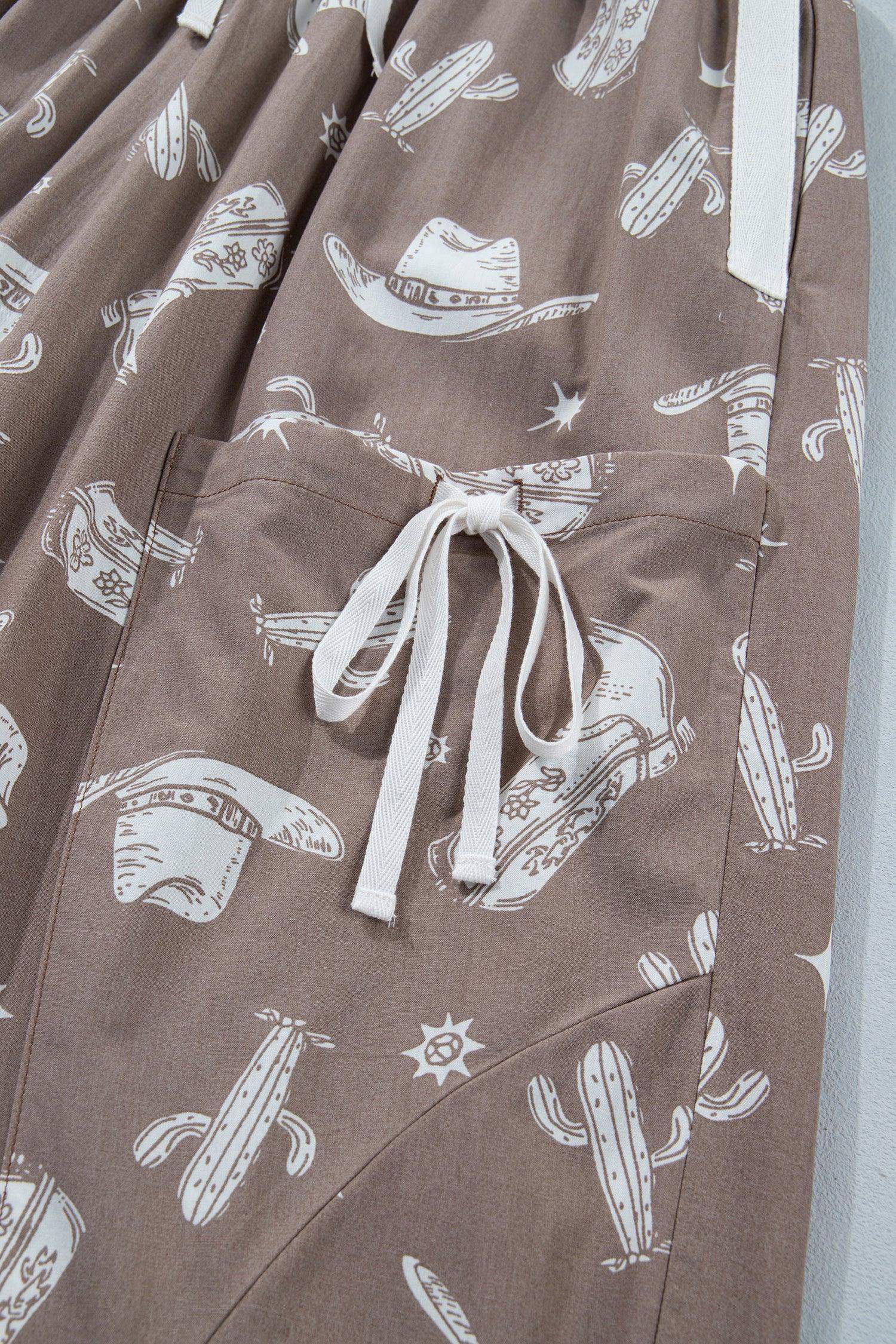 Khaki Western Cactus Cowgirl Hat Boot Printed Vintage Drawstring Jogger Pants - Sweet Fashion Wholesale