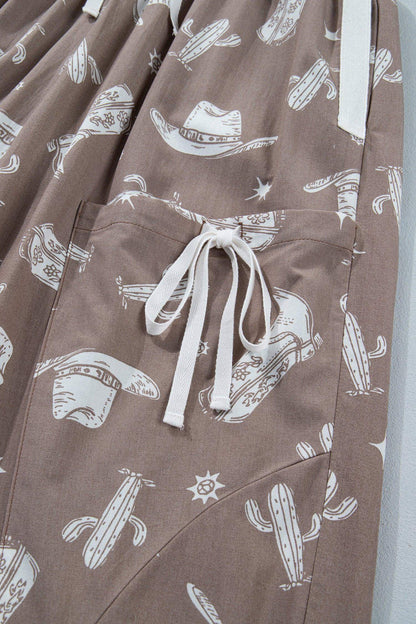 Khaki Western Cactus Cowgirl Hat Boot Printed Vintage Drawstring Jogger Pants - Sweet Fashion Wholesale