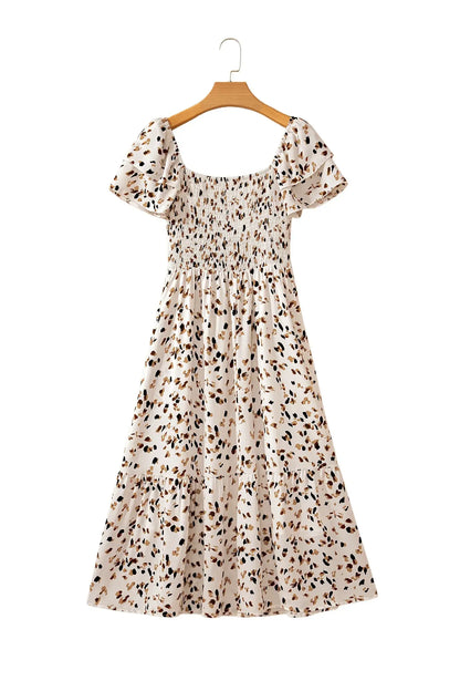Beige Ditsy Floral Print Smocked Square Neck Ruffle Short Sleeve Dress - Sweet Fashion Wholesale