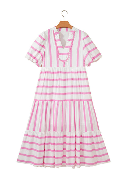 Pink Stripe Ricrac Trim Notched Neck Half Sleeve Vacation Dress