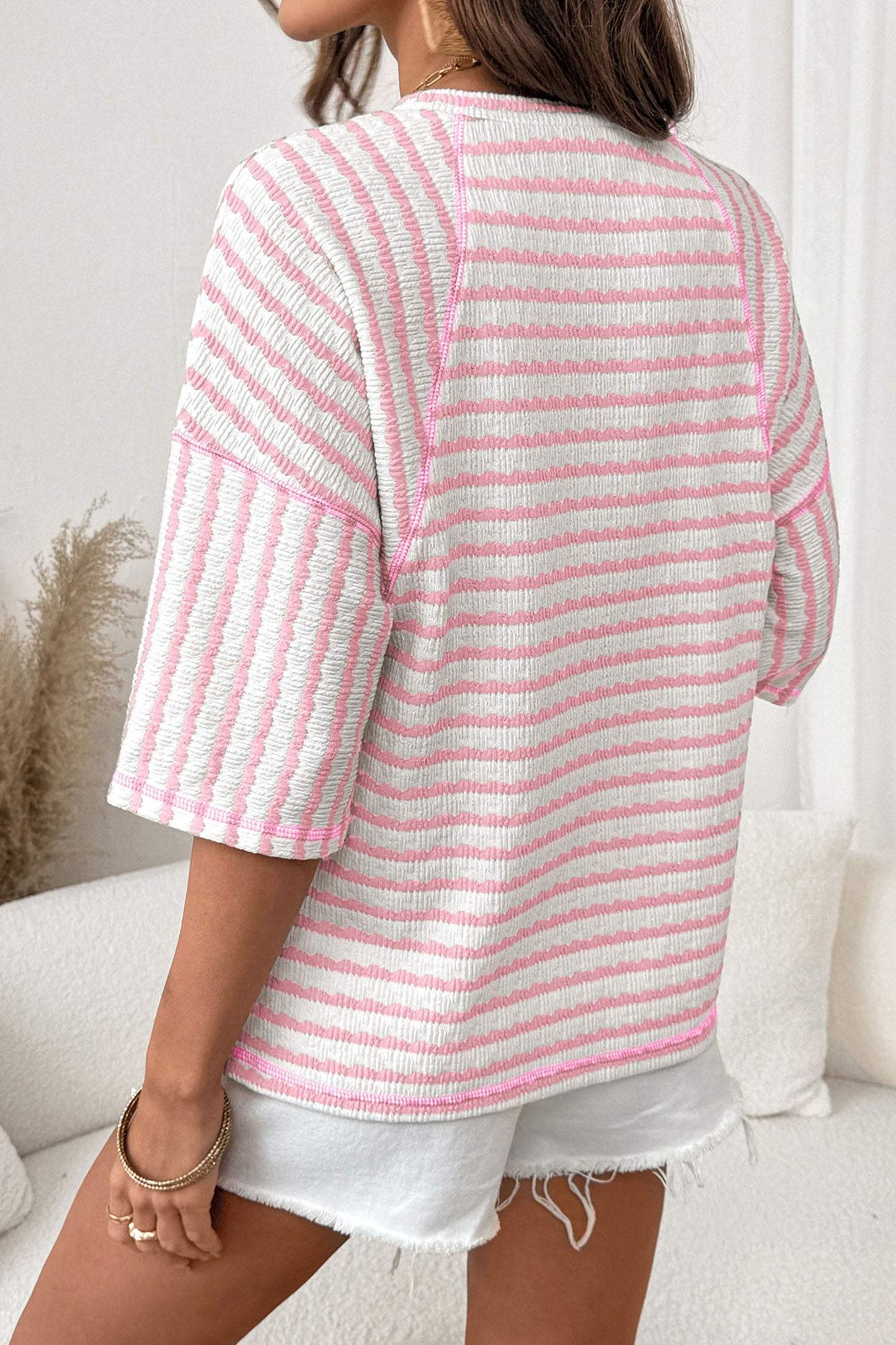 Brown Stripe Textured Knit Split Hem Half Sleeve Loose Top