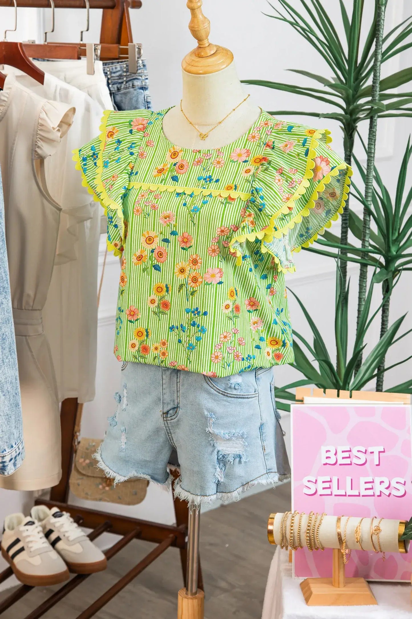 Green Stripe Floral Printed Scalloped Detail Ruffle Short Sleeve Blouse - Sweet Fashion Wholesale