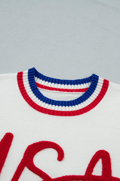 White USA Contrast Striped Trim Round Neck Short Sleeve Sweater