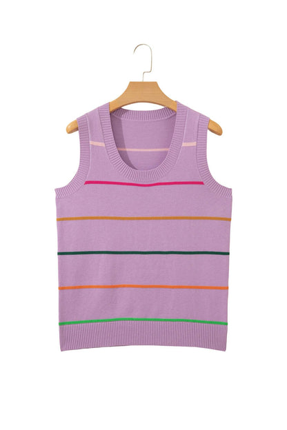 Purple Stripe Round Neck Knitted Sweater Tank