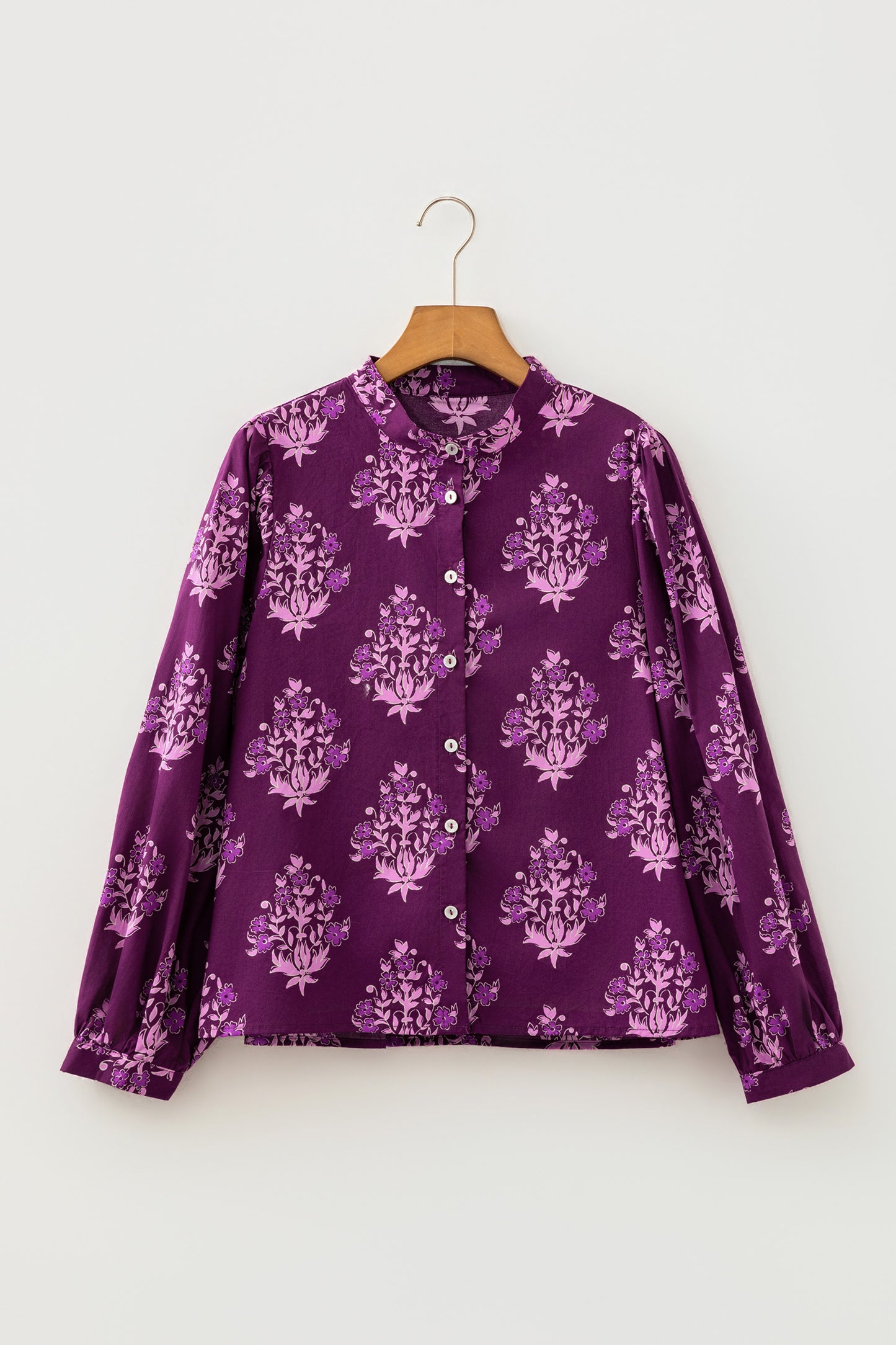 Purple Floral Print Button Front Long Sleeve Round Neck Casual Shift Top