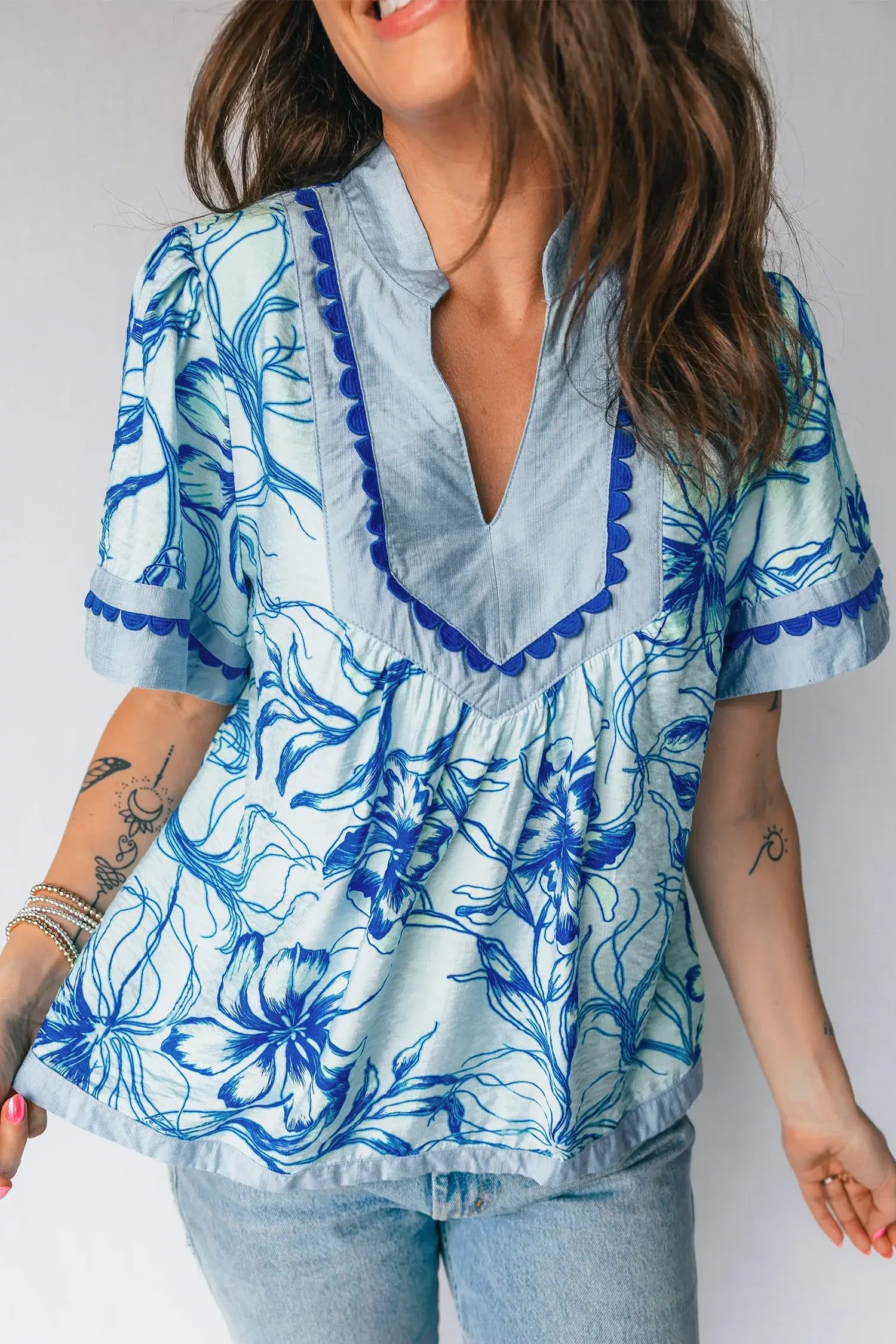 Sky Blue Ricrac Trim Slit V Neck Short Sleeve Floral Blouse - Sweet Fashion Wholesale