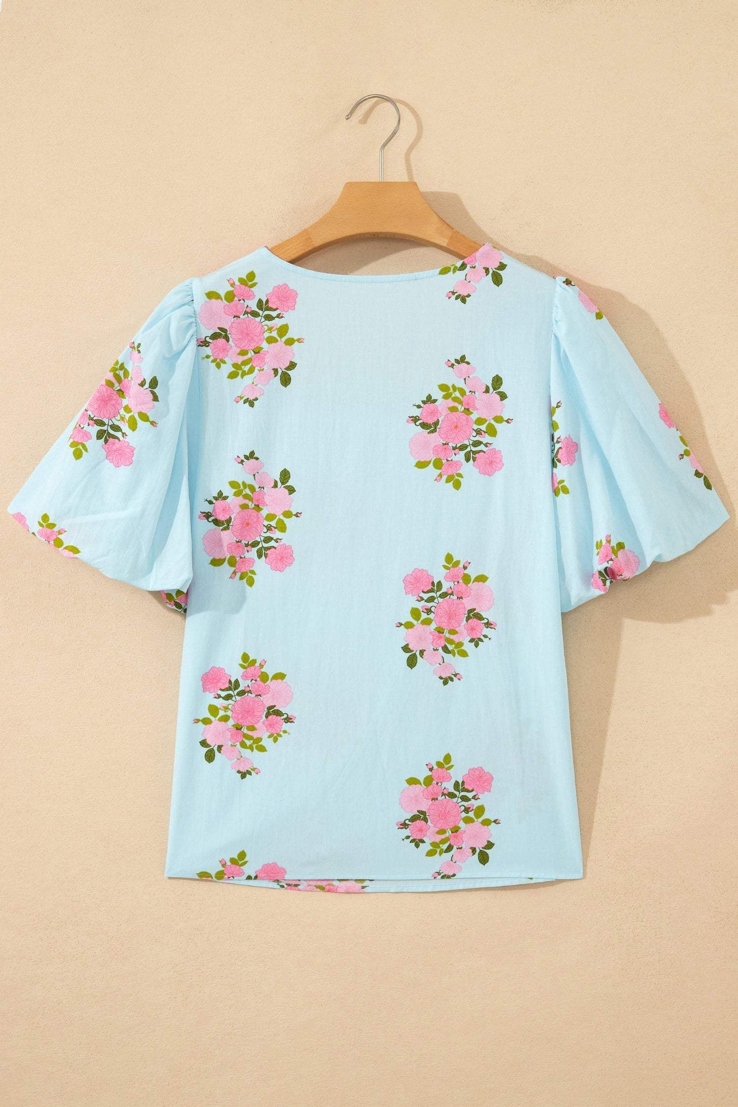 Sky Blue Floral Printed Contrast Ricrac Detail Bubble Sleeve Blouse