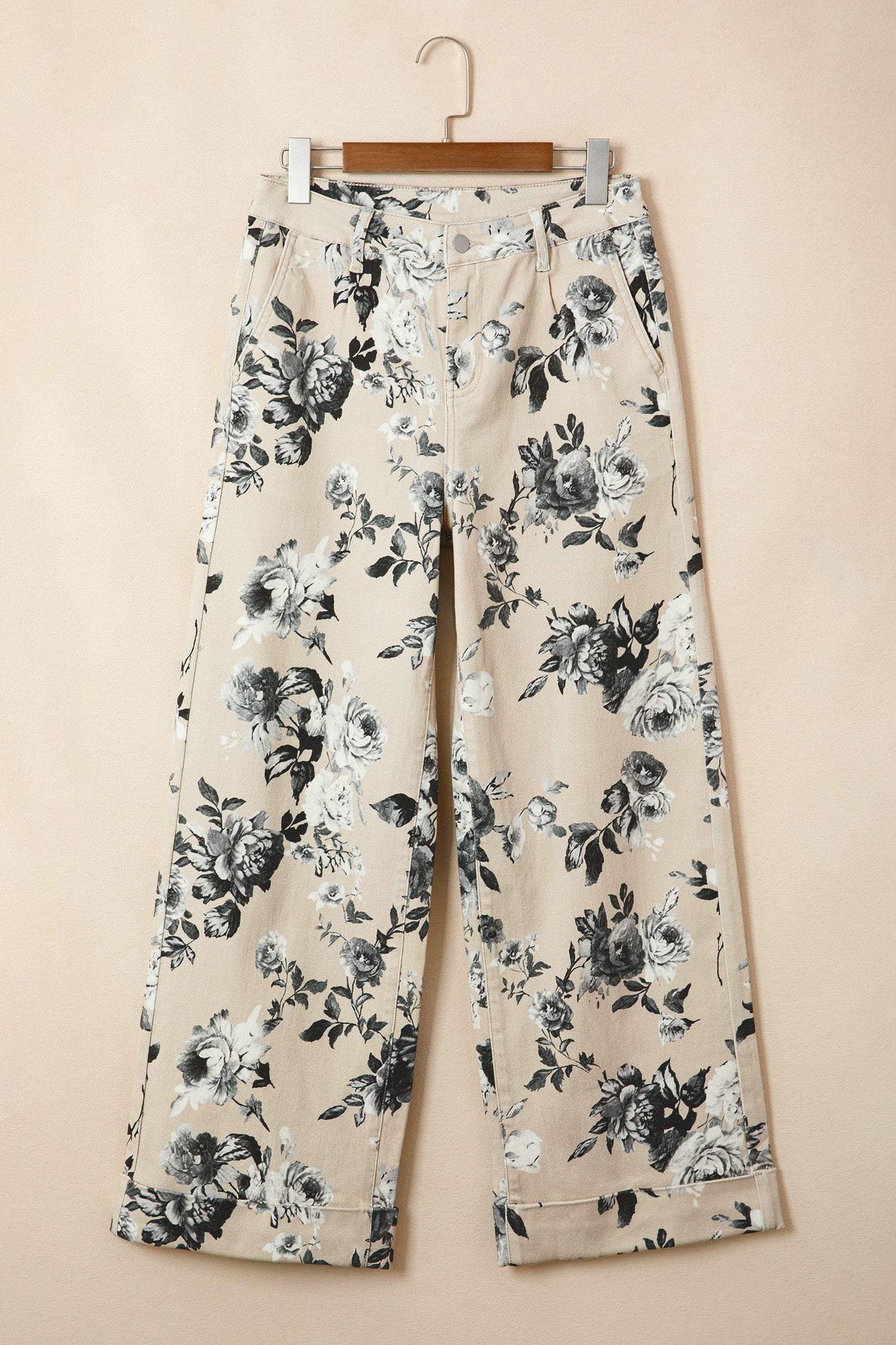 Beige Retro Floral Print Turn-up Cuffed Hem Loose Jeans