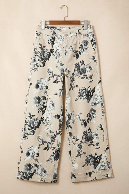 Beige Retro Floral Print Turn-up Cuffed Hem Loose Jeans