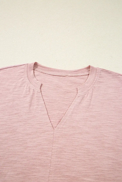 Light Pink Keyhole Notch V Neck Batwing Sleeve Blouse