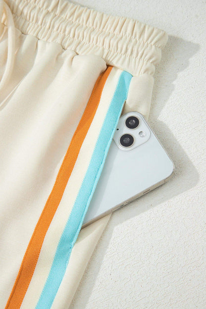 Apricot Colorful Striped Detail Half Zip Polo Tee Loose Shorts Set