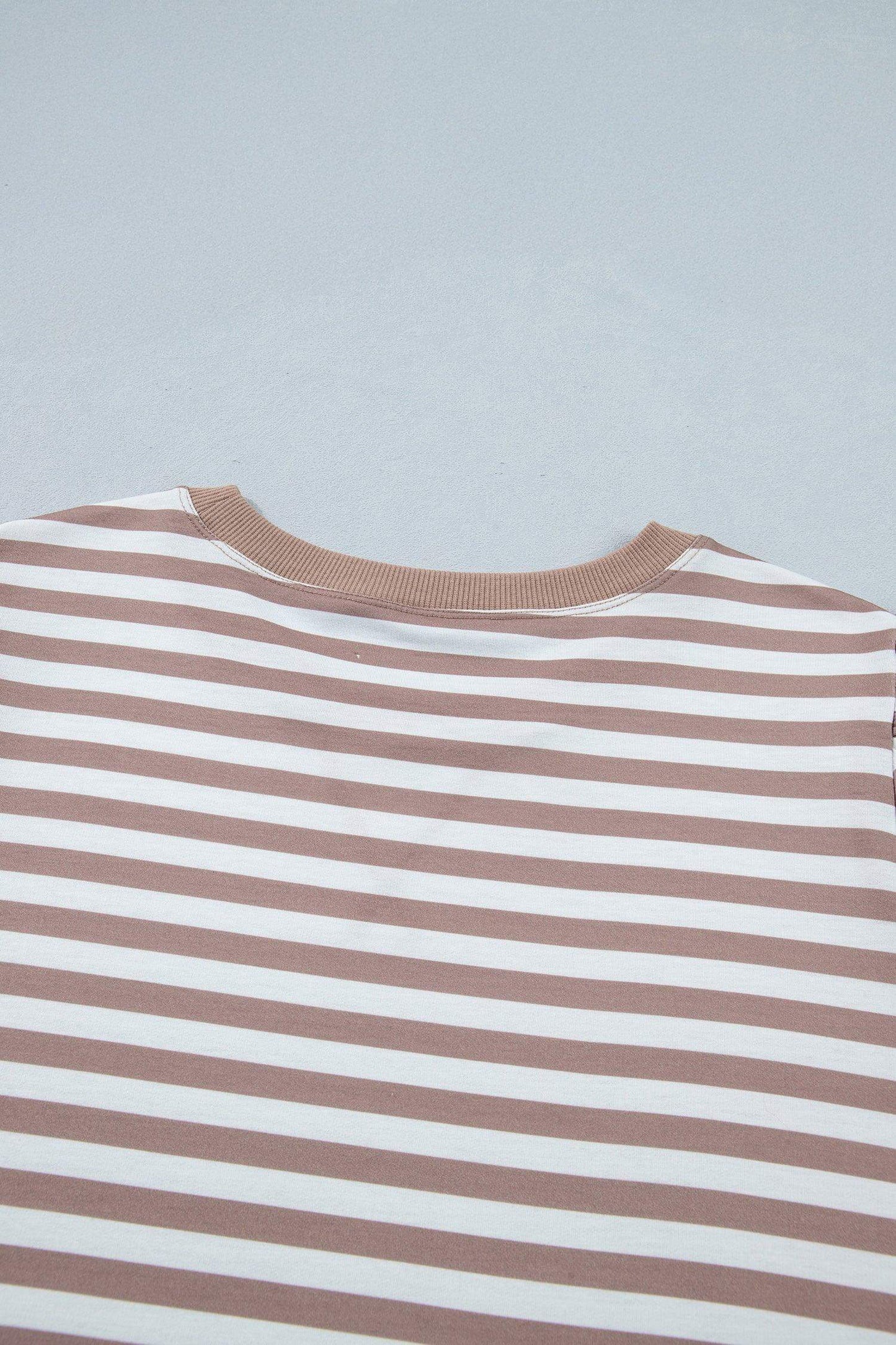 Orange Stripe Ribbed Trim Round Neck Short Puff Sleeve Plus T Shirt - Sweet Fashion Wholesale