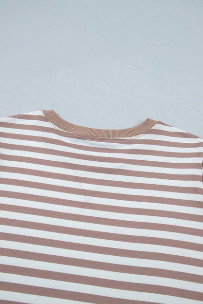 Orange Stripe Ribbed Trim Round Neck Short Puff Sleeve Plus T Shirt - Sweet Fashion Wholesale