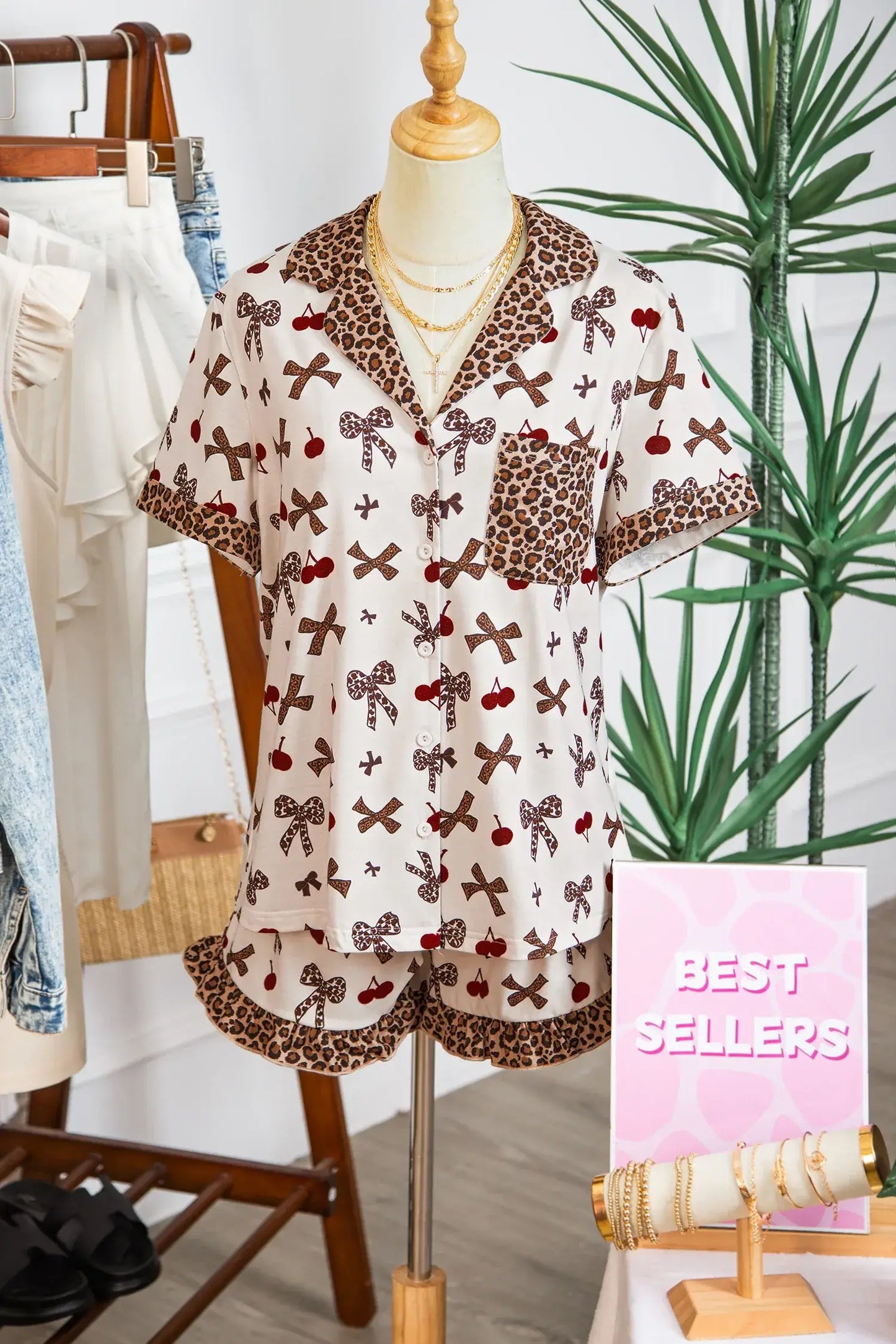 White Chic Bow Cherry Printed Leopard Contrast Patchwork Shirt Drawstring Shorts 2pcs PJ Set - Sweet Fashion Wholesale