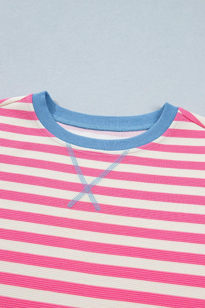 Pink Stripe Contrast Patchwork Short Sleeve Loose Tee