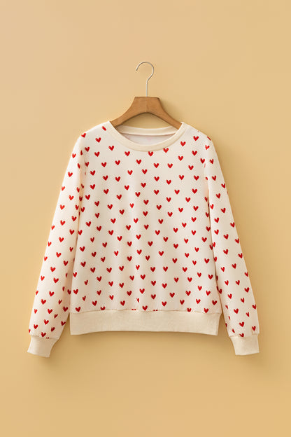 Beige Heart Print Round Neck Long Sleeve Regular Fit Sweatshirt
