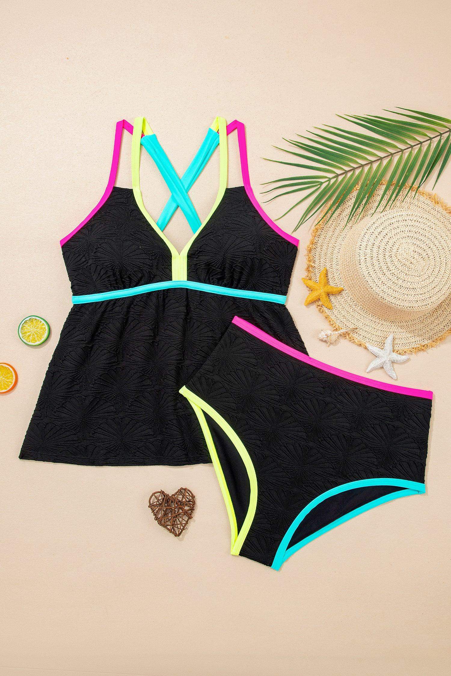 Black Floral Textured Neon Trim V Neck Crisscross Backless Tankini Set - Sweet Fashion Wholesale