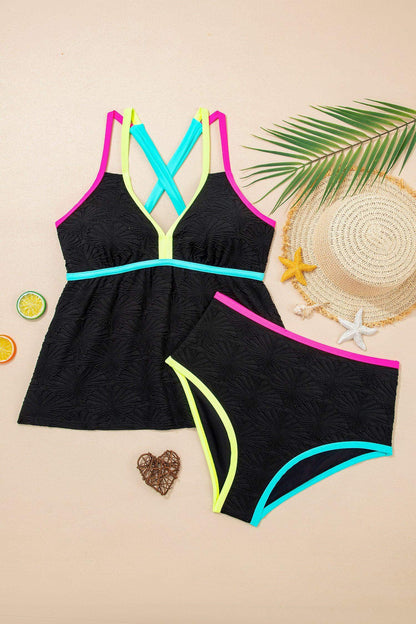 Black Floral Textured Neon Trim V Neck Crisscross Backless Tankini Set - Sweet Fashion Wholesale