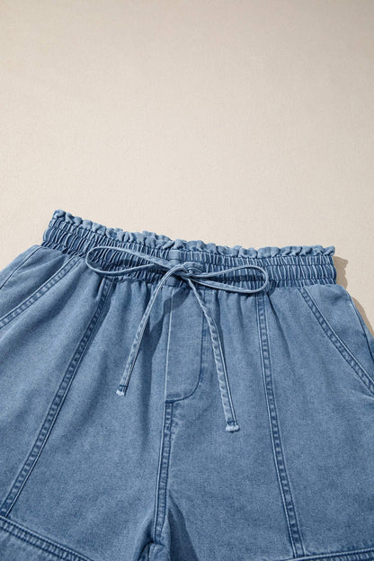 Dusk Blue Smocked Elastic Waist Denim Shorts