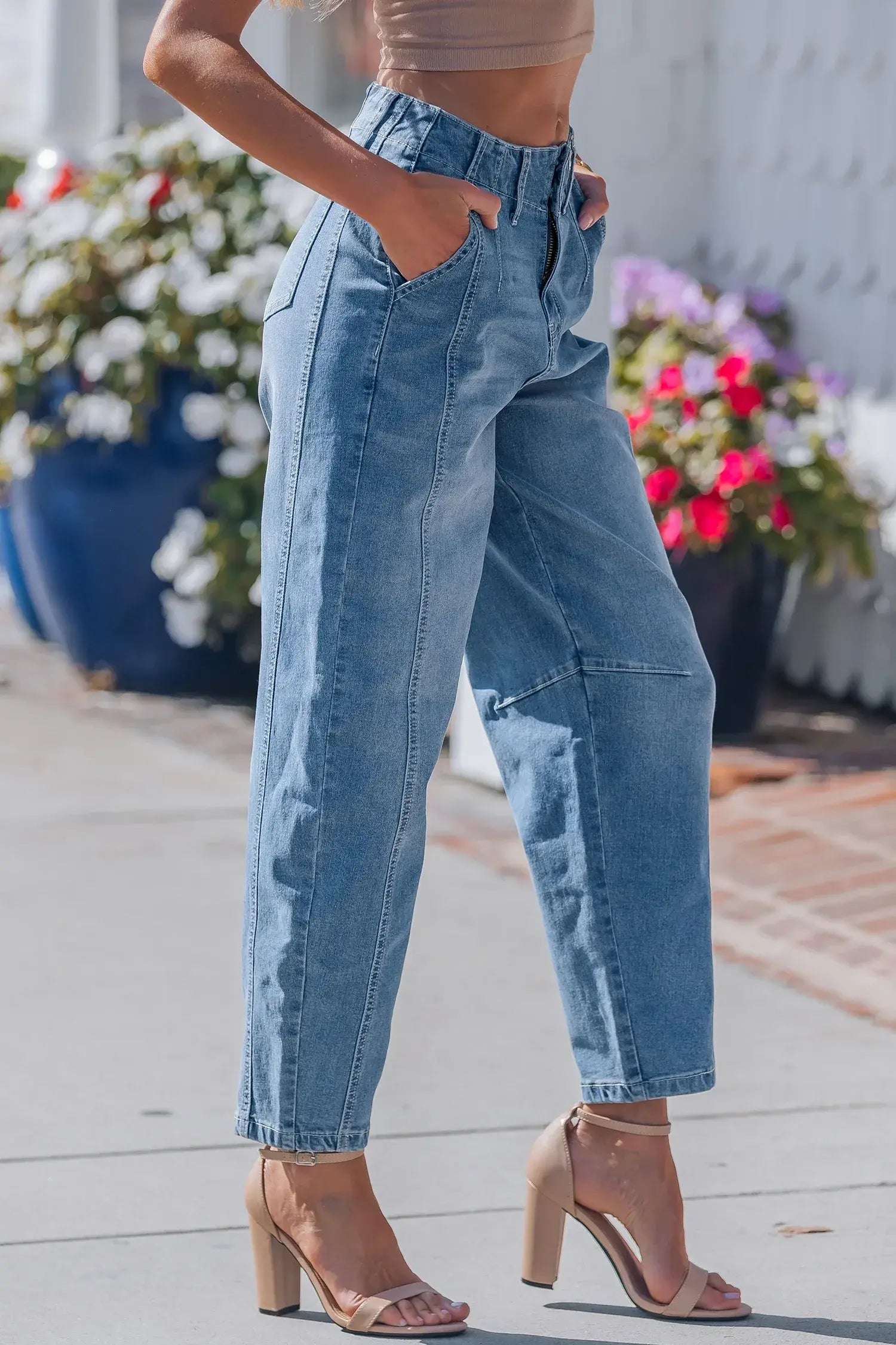 Sky Blue Medium Wash Cuffed Barrel Jeans - Sweet Fashion Wholesale