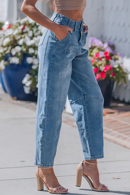Sky Blue Medium Wash Cuffed Barrel Jeans - Sweet Fashion Wholesale