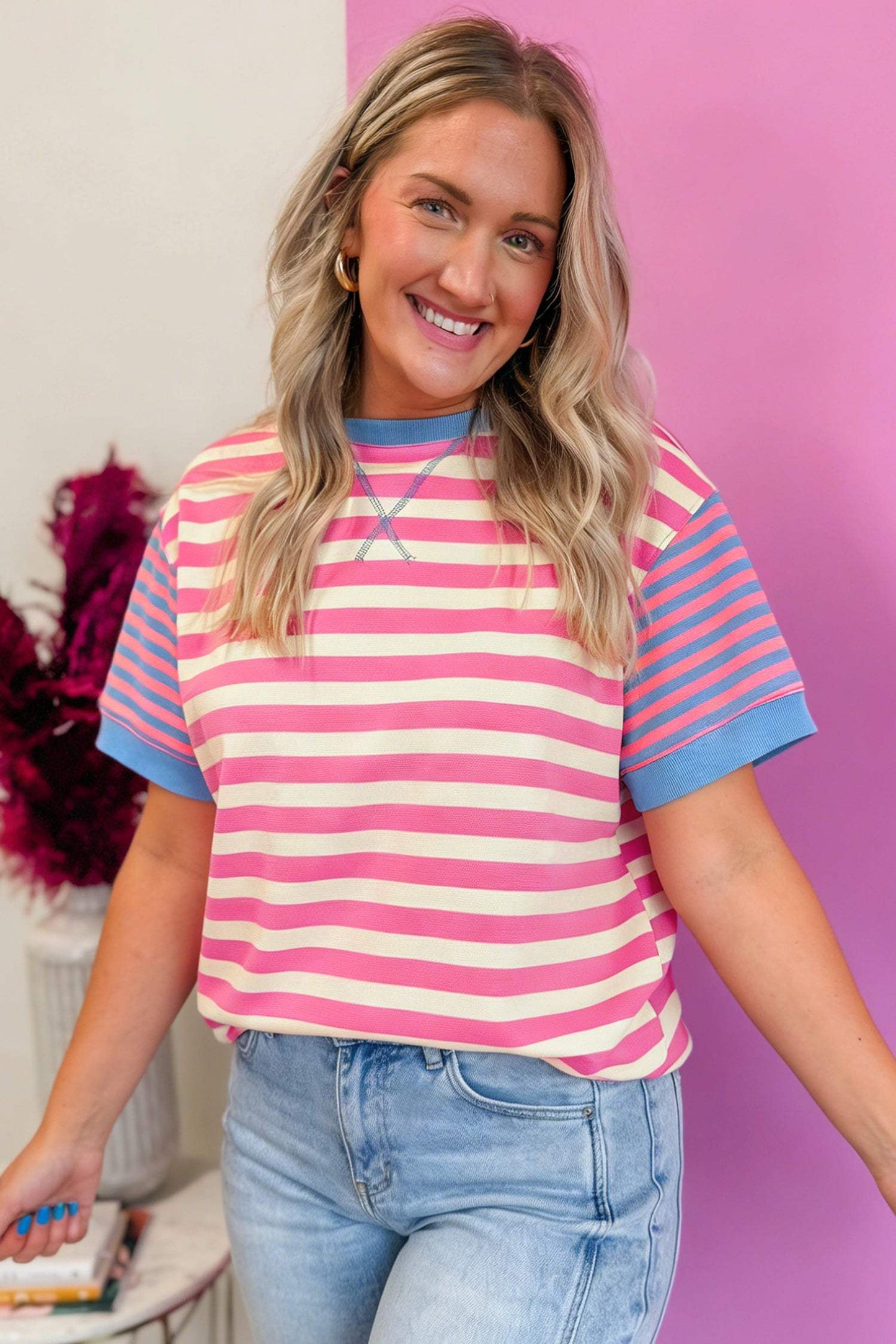 Pink Stripe Contrast Patchwork Short Sleeve Loose Tee