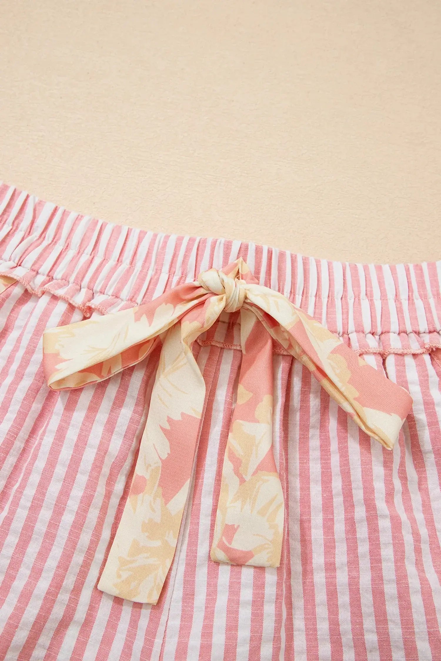 Light Pink Floral Trim Ribbon Knot Striped Casual Shorts - Sweet Fashion Wholesale