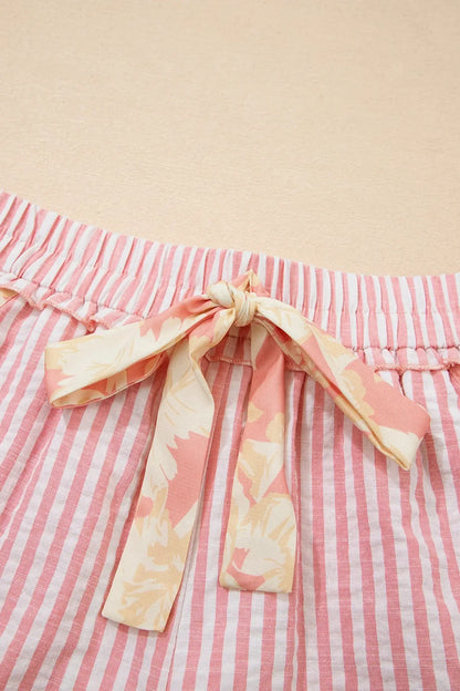 Light Pink Floral Trim Ribbon Knot Striped Casual Shorts - Sweet Fashion Wholesale