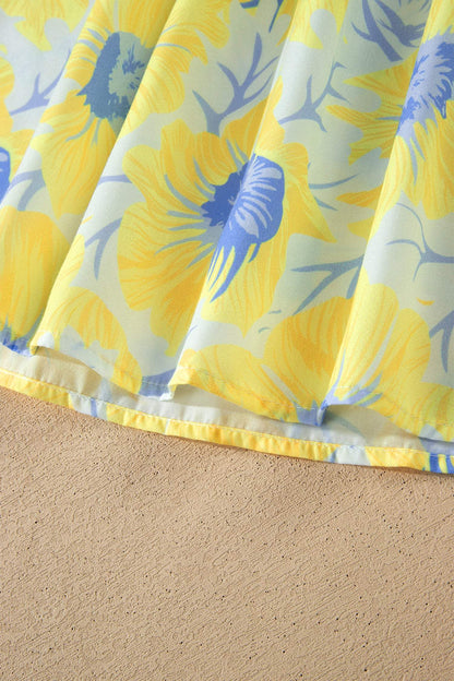Yellow Short Bubble Sleeve Summer Floral Blouse