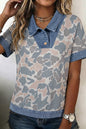 Multicolour Camouflage Print Denim Patchwork Polo Collar Tee