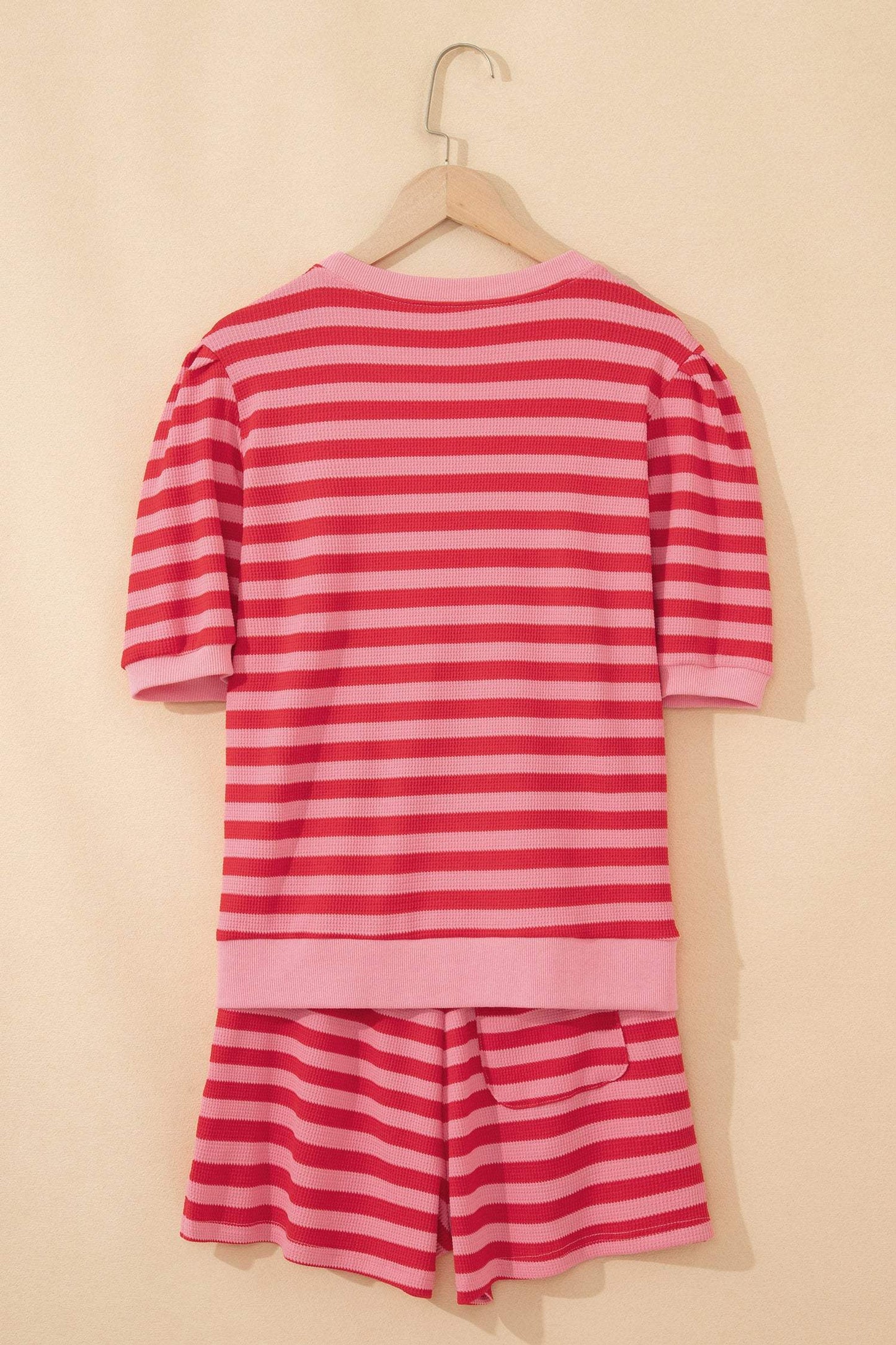 Red Stripe Puff Short Sleeve T Shirt Matching Shorts Set