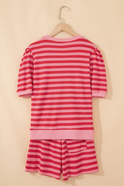 Red Stripe Puff Short Sleeve T Shirt Matching Shorts Set