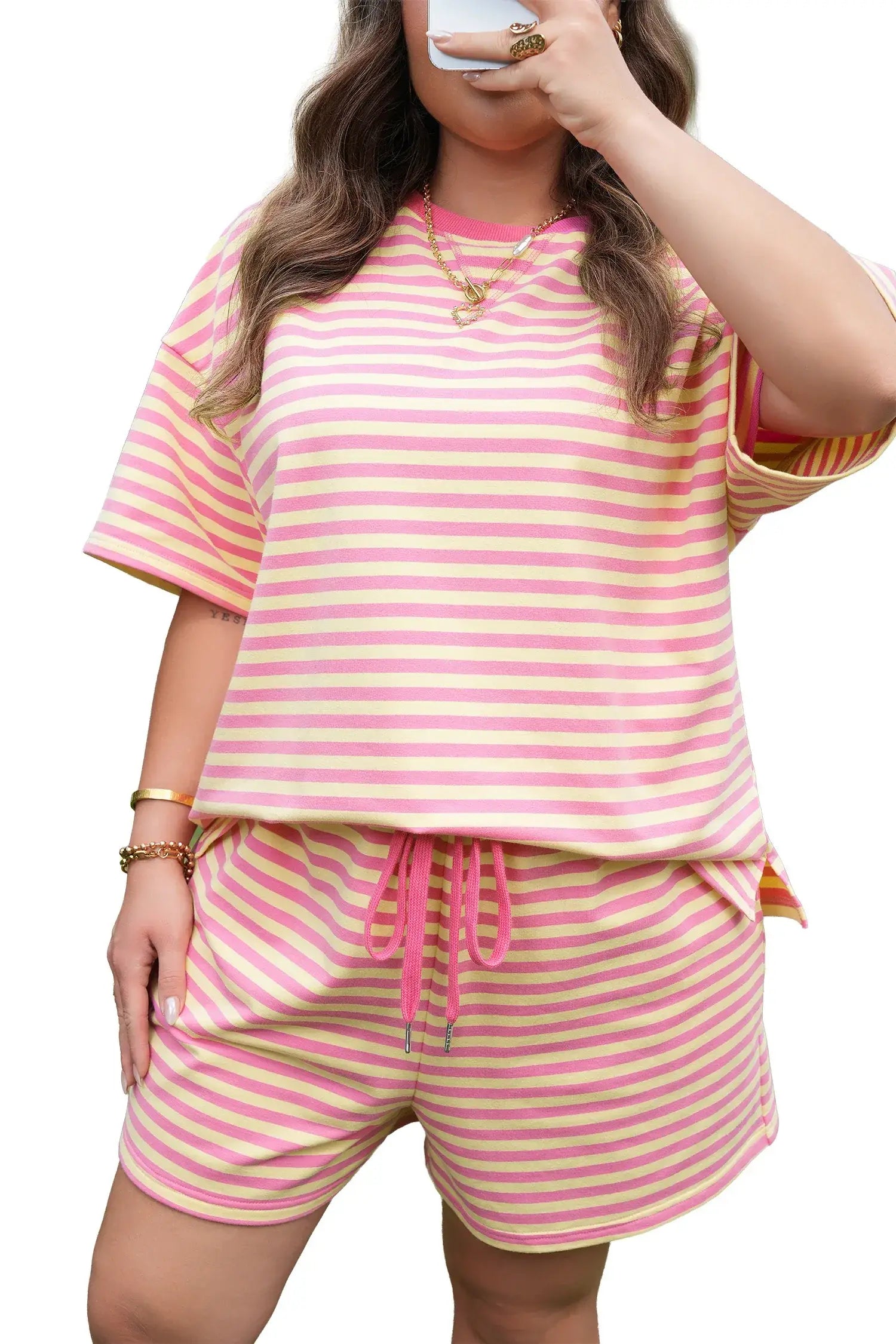 Green Stripe Boxy Tee Drawstring Elastic Waist Plus Size Short Set - Sweet Fashion Wholesale