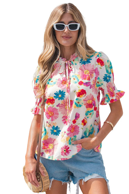 Beige Vibrant Summer Floral Tie V Neck Short Puff Sleeve Blouse - Sweet Fashion Wholesale