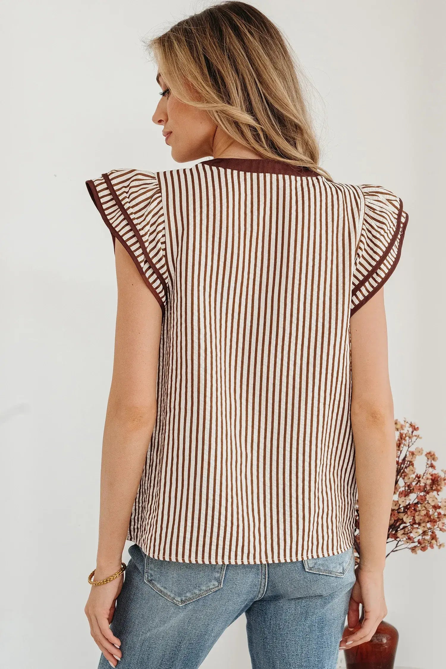Khaki Stripe Double Ruffled Short Sleeve V Neck Blouse - Sweet Fashion Wholesale
