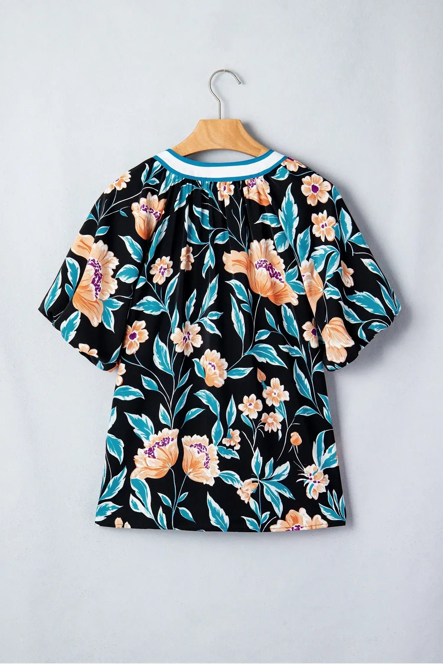 Black Floral Short Bubble Sleeve Buttoned Notched Neck Blouse - Sweet Fashion Wholesale