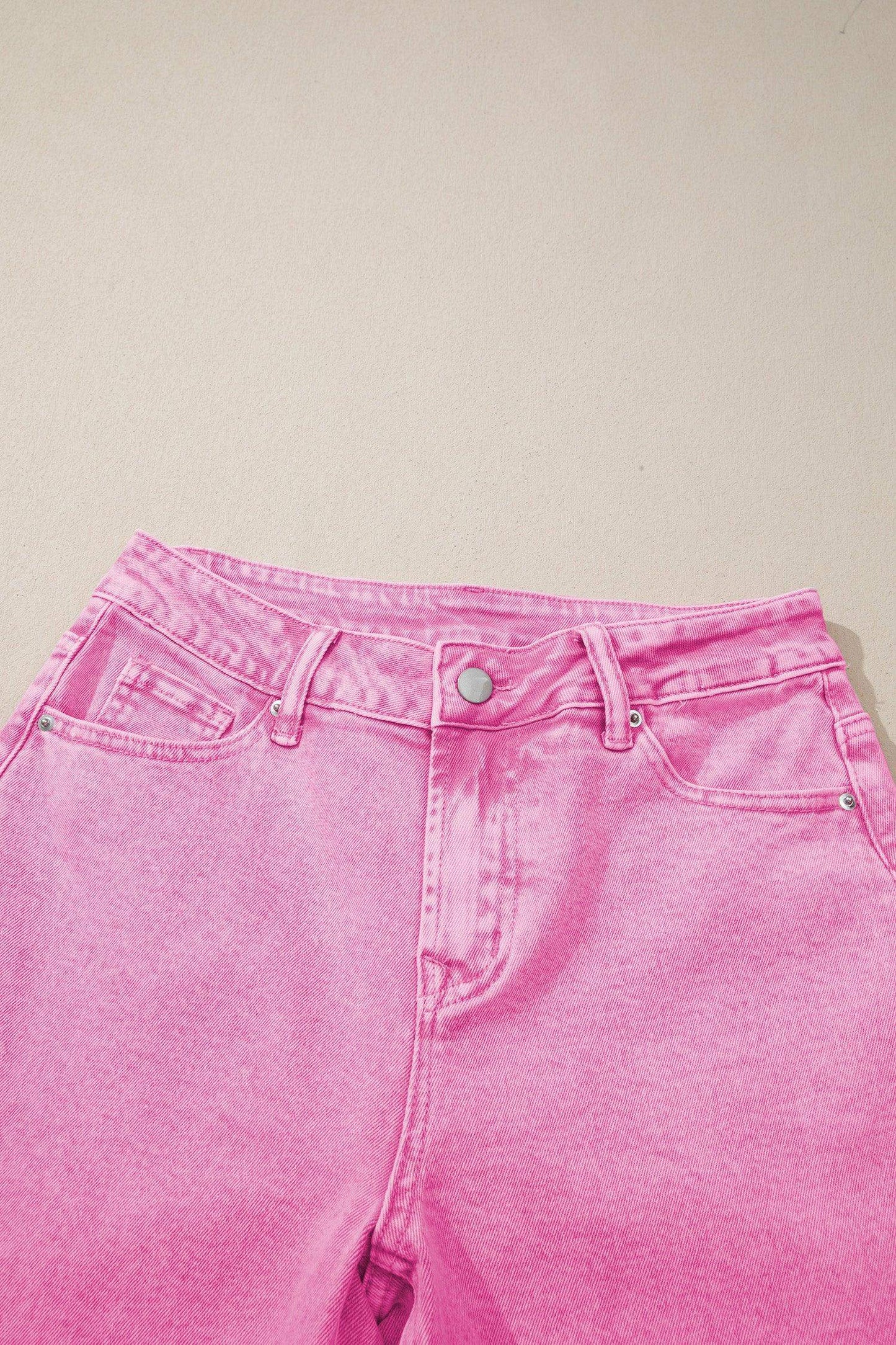 Pink Acid Wash High Waist Uneven Raw Hem Shift Jeans - Sweet Fashion Wholesale
