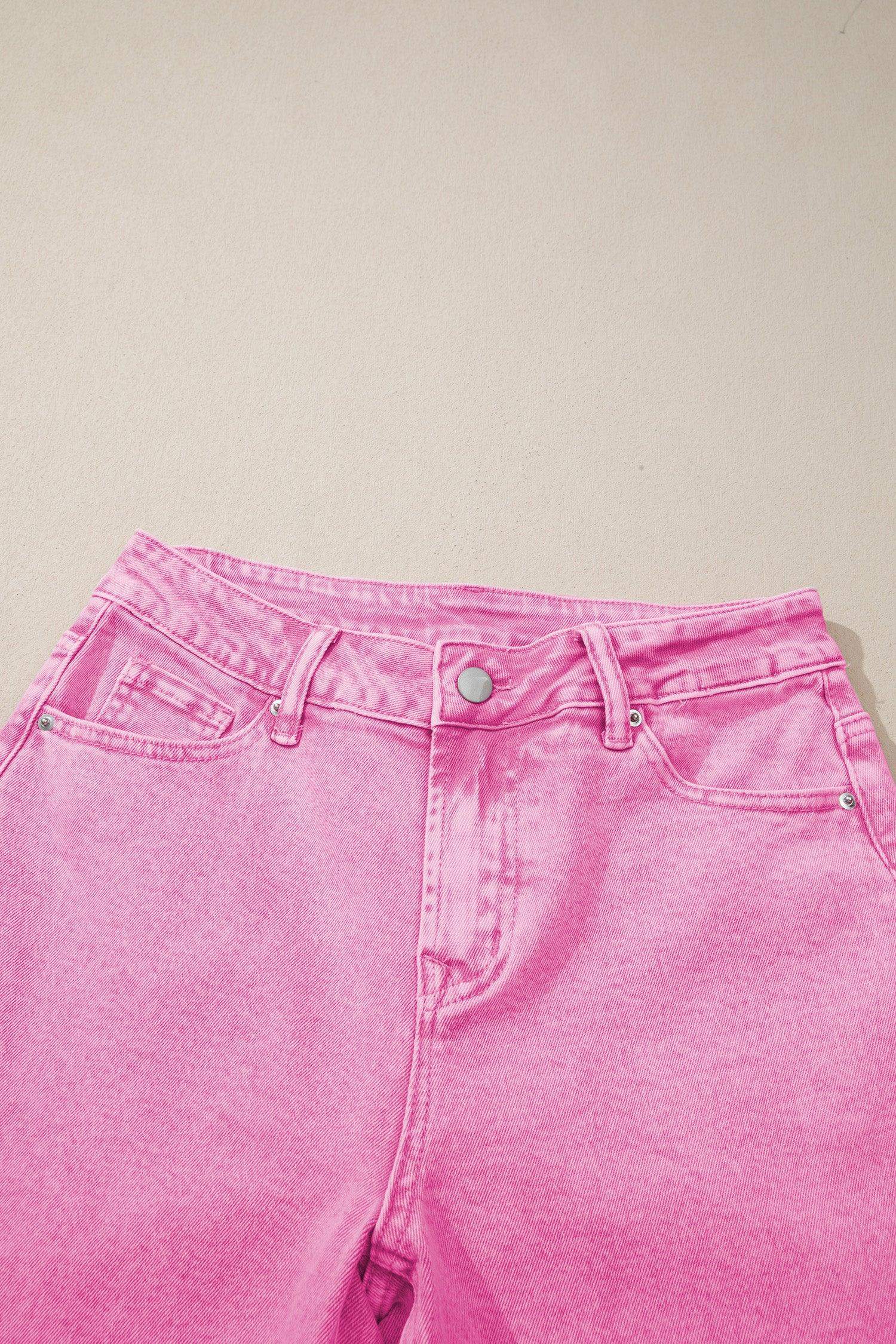 Pink Acid Wash High Waist Uneven Raw Hem Shift Jeans - Sweet Fashion Wholesale