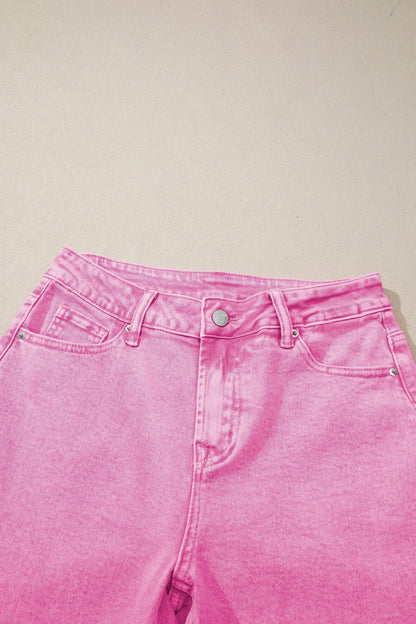 Pink Acid Wash High Waist Uneven Raw Hem Shift Jeans - Sweet Fashion Wholesale